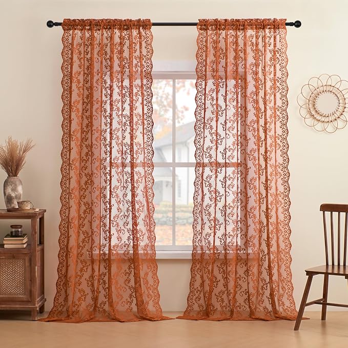 Brunt Orange Lace Curtains 63 Inch Length 2 Panels Set - Image 2