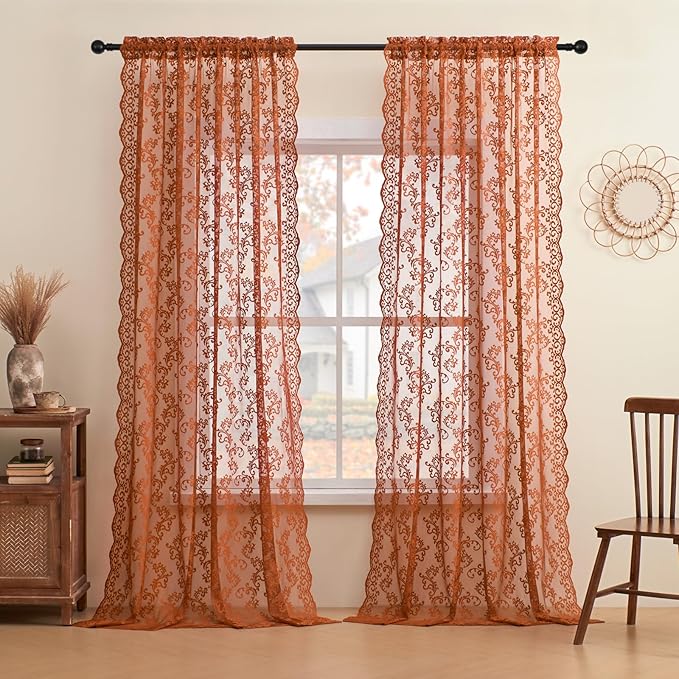 Rust Orange Lace Curtains 84 Inches Long Country Battenburg Lace Curtains - Image 2