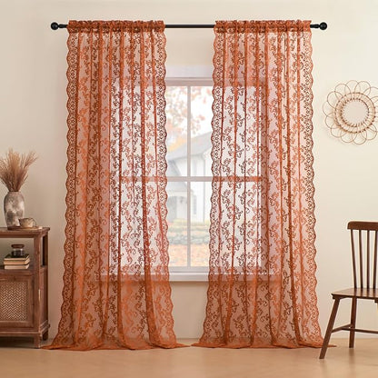 Rust Lace Curtains 72 Inch Length 2 Panels Set Country Floral Paisley Curtains - Image 2