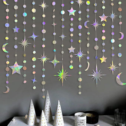 Iridescent Party Decorations Holographic Star Moon Circle Dot Garland Hanging - Image 4