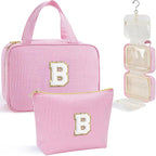 YOOLIFE Hanging Toiletry Bag for Women - Portable Makeup and Travel Bag, Cruise Ship Essentials - Letter B, Pink