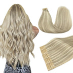 DOORES Hair Extensions Real Human Hair, Ash Blonde Highlighted Platinum Blonde 18 Inch 50g 20pcs, Real Human Hair Extensions Tape in Skin Weft Natural Remy Straight Hair