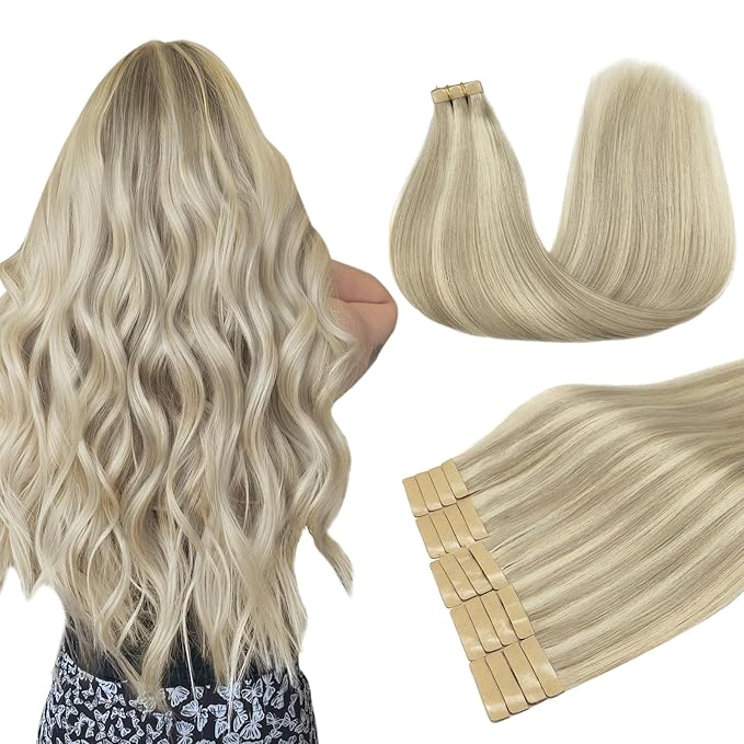 DOORES Hair Extensions Real Human Hair, Ash Blonde Highlighted Platinum Blonde 18 Inch 50g 20pcs, Real Human Hair Extensions Tape in Skin Weft Natural Remy Straight Hair