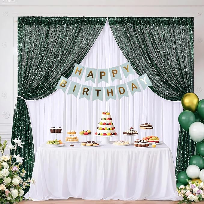 Emerald Green Sequin Backdrop Curtains Party Glitter Drapes 2 Pcs 2FTx8FT | - Image 3