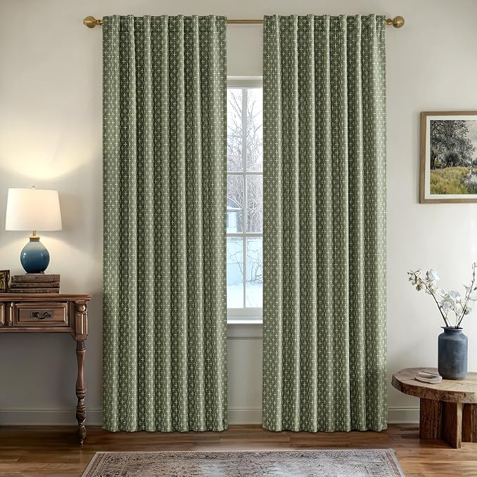 MIULEE Patterned Farmhouse Linen Curtains, Back Tab, Olive Green | Linen - Image 2