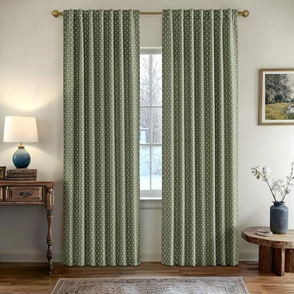 MIULEE Patterned Farmhouse Linen Curtains, Back Tab, Olive Green | Linen - Image 2