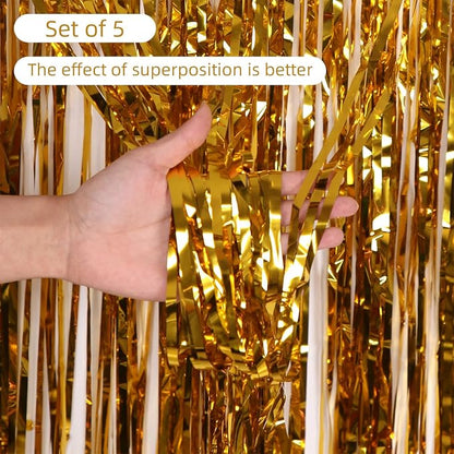 5 Pack Gold Foil Curtain Backdrop 3.2ft x 9.8ft Metallic Tinsel Foil Fringe - Image 2
