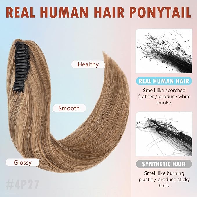 Hairro Claw Clip Ponytail Human Hair Extensions Jaw On Ponytails Remy Long Straight Jaw/Claw Clips Pony Tail Hairpieces For Women 20 Inch 120g #4P27 Medium Brown Mix Dark Blonde