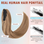 Hairro Claw Clip Ponytail Human Hair Extensions Jaw On Ponytails Remy Long Straight Jaw/Claw Clips Pony Tail Hairpieces For Women 14 Inch 105g #4P27 Medium Brown Mix Dark Blonde