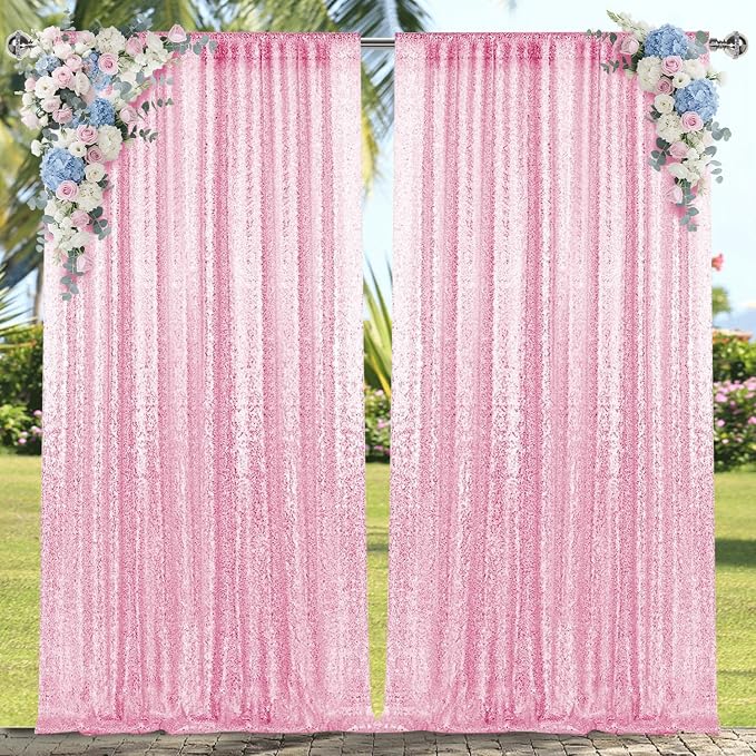 4×8FT-2PCS Pink Sequin Backdrop Curtains Panels, Photography Backdrop Glitter - Image 2
