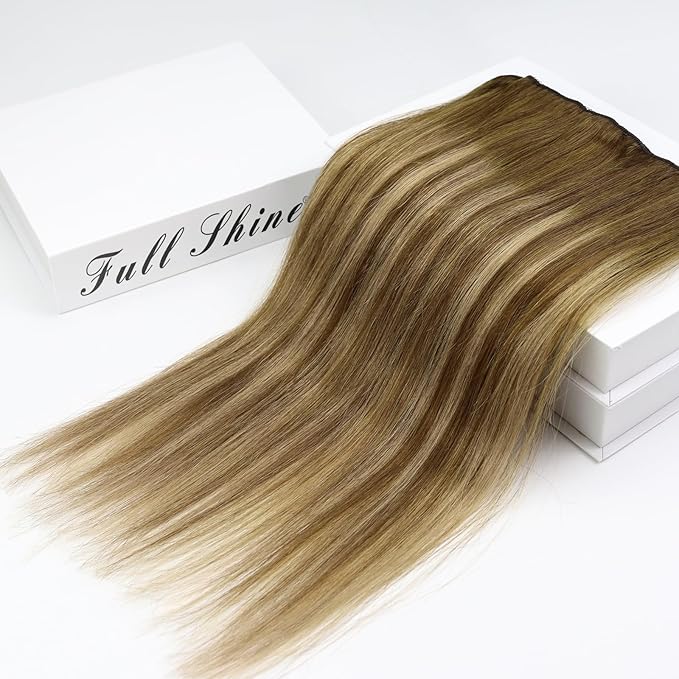Full Shine Human Hair Clip in Extensions Brown Lace Clip in Human Hair Ombre Brown Fading to Blonde Highlight Straight Hair for Women 16 Inch 3 PCS 60 Grams