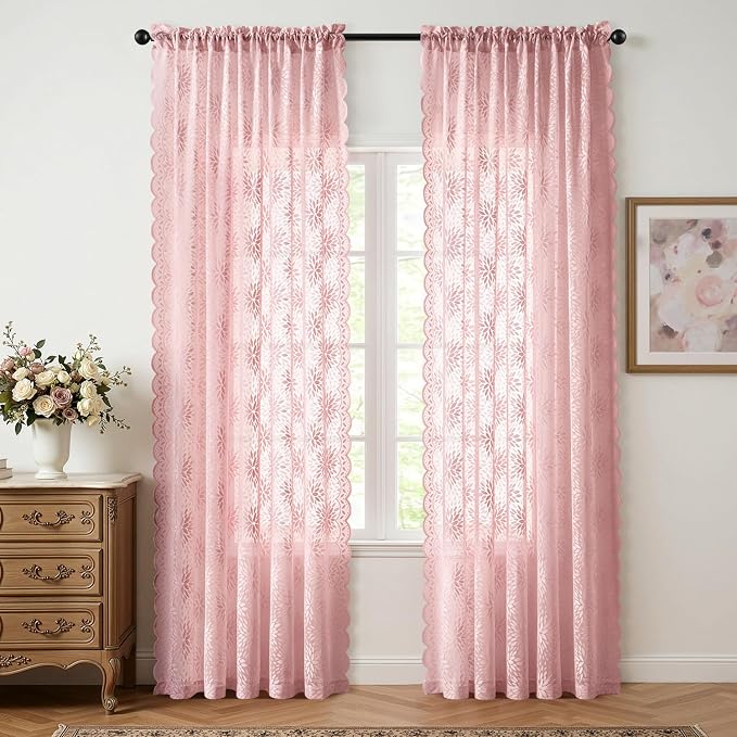 MIULEE Vintage Floral Scalloped Lace Curtains, Light Pink 52" W x 72" L | 2 - Image 7