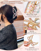 HAIMEIKANG 3 PCs Metal Acrylic Hair Bow Claw Clips - Strong Hold Non-Slip Large Gold Clips for Thick Hair