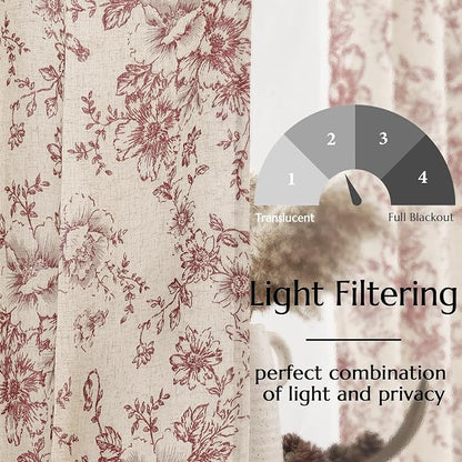 jinchan Red Floral Linen Curtains Lined 90 Inch Farmhouse Back Tab 2 Panels | - Image 4