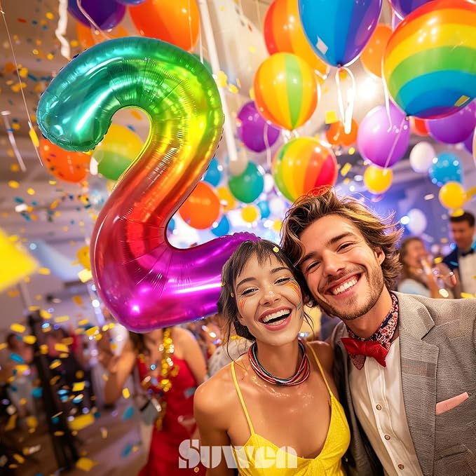 SUWEN Rainbow Number 2 Balloon 40 Inch, Big Colorful Balloons 0-9 | Large - Image 2