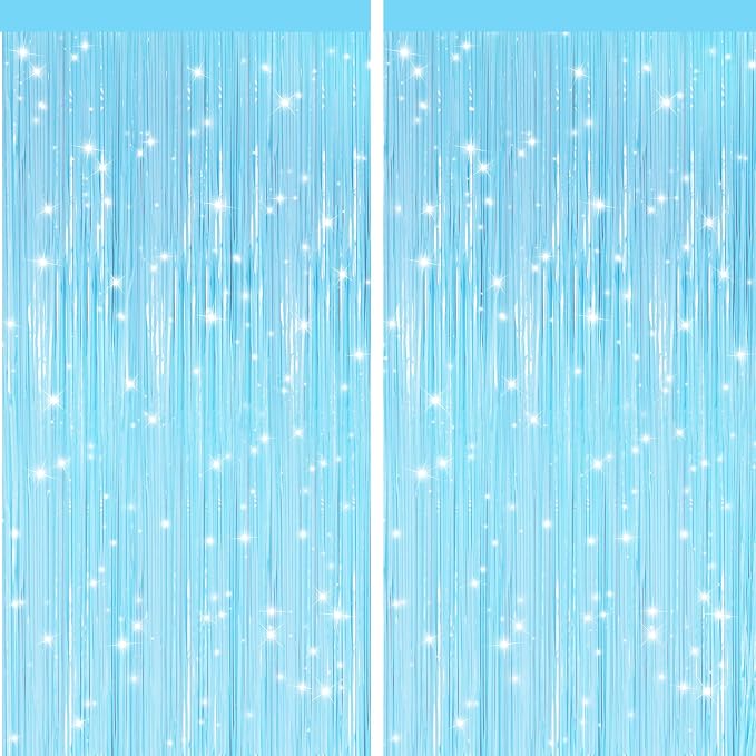 GCB 2Pack Macaron Blue Metallic Tinsel Foil Fringe Curtains, Pastel Blue Door by GCBPartyDecorations
