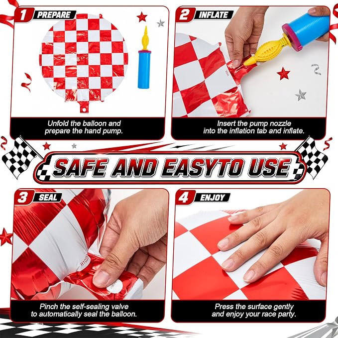 Gejoy 12 Pcs Checkered Foil Balloons Red White Gingham Plaid 18 Inch | - Image 4