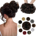 Messy Bun Hair Piece Wavy Curly Scrunchies Fluffy Donut Thick Updo Elegant Chignon Hairpieces for Women Girls, Natural Black Mix Dark Auburn 1.4oz