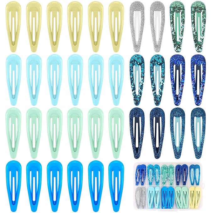 Ocean Blue Snap Hair Clips by FLAREANN – 36 PCS 2 Inch Non-Slip Metal Barrettes for Girls & Women in Glitter, Shimmer & Glossy Finishes – Cool Blue Hair Accessories for Everyday Styling