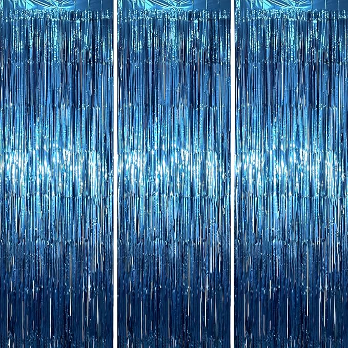 Voircoloria Retro Blue Foil Fringe Backdrop Curtains, Birthday Party Decorations by Voircoloria