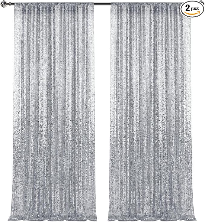 4×8FT-2PCS Silver Sequin Backdrop Curtains Panels, Photography Backdrop Glitter by Pufogu