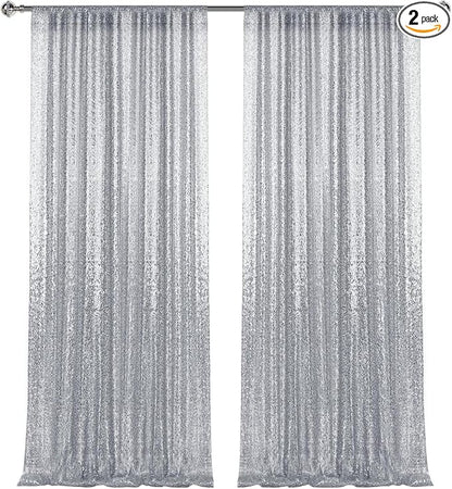 4×8FT-2PCS Silver Sequin Backdrop Curtains Panels, Photography Backdrop Glitter by Pufogu