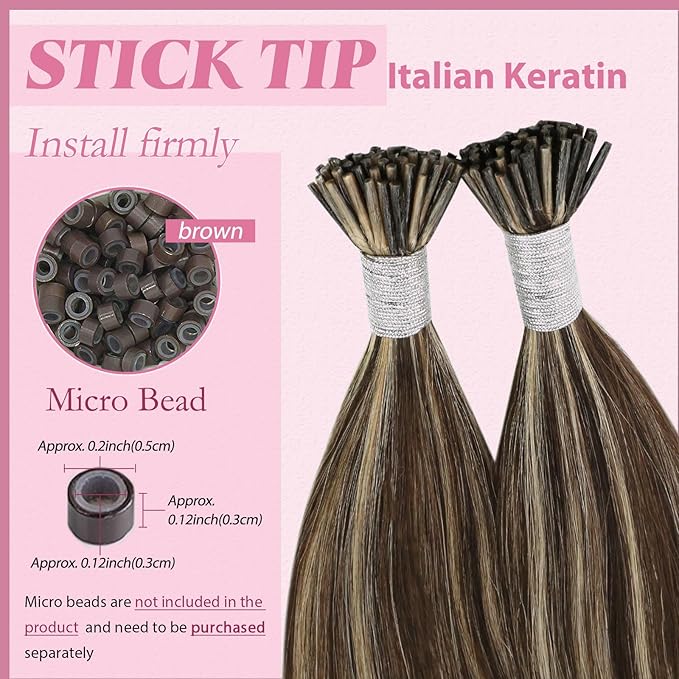 YoungSee Itip Hair Extensions Real Human Hair Brown I Tips Hair Extensions for Women Highlight Dark Brown and Blonde Tip Hair Extension Real Human Hair Long 24In 50g 50s