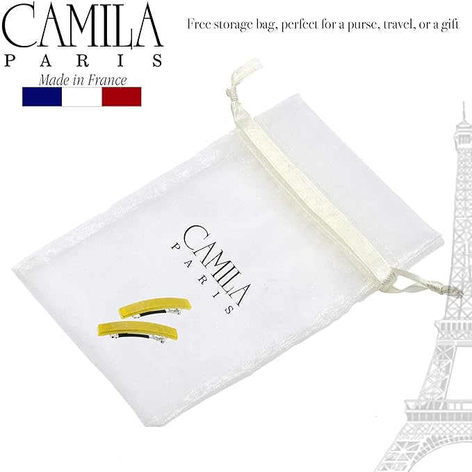 Camila Paris CP3043 French Hair Barrette Clip for Girls, Set of 2 Yellow Rubberized Metal Clasp Strong Hold Grip Hair Clips for Women, No Slip Durable Styling Girls Hair Accessories, Made in France