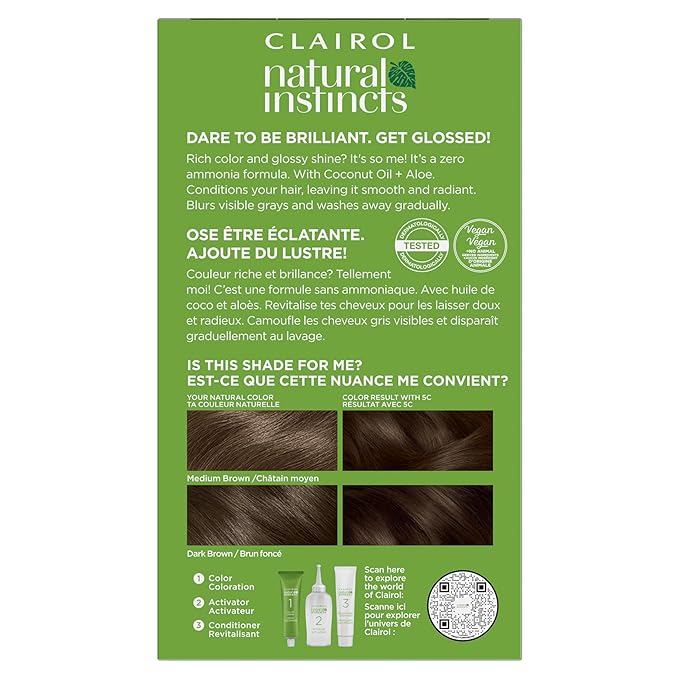 Clairol Natural Instincts Demi-Permanent Hair Dye, 5C Brass Free Medium Brown Hair Color, Pack of 3
