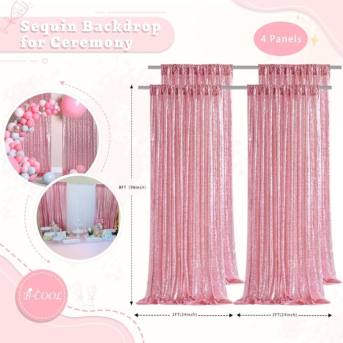 Fuchsia Pink Sequin Backdrop Curtains 4 Pcs 2ftx8ft Glitter Shimmer Fabric | - Image 2