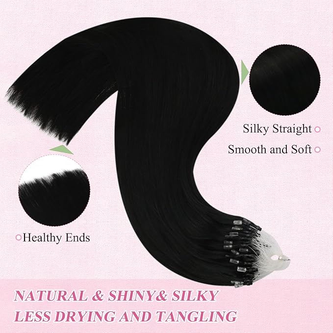 YoungSee Microlink Hair Extensions Human Hair Black Micro Bead Hair Extensions Jet Black Beaded Hair Extension Short Hair 14Inch 50s 50g Micro Ring Human Hair Extension for Adding Volume