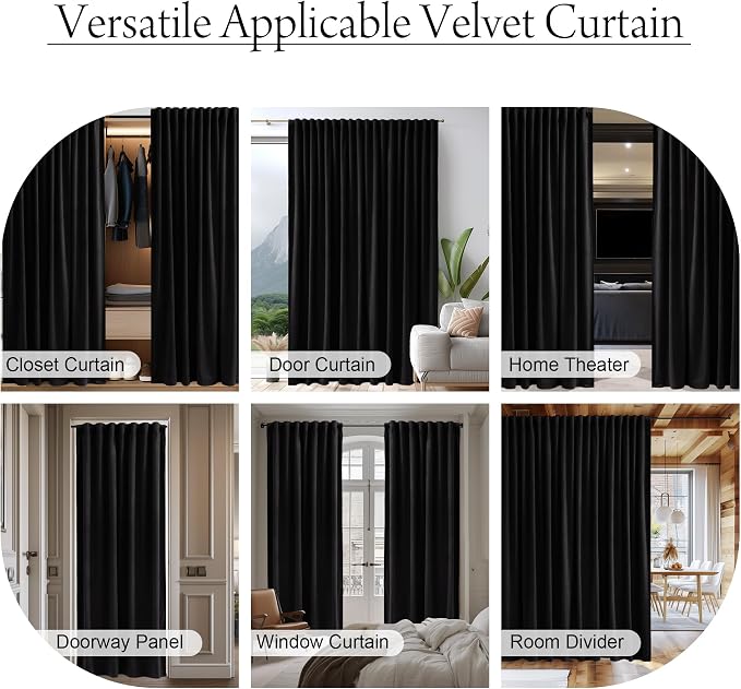 Black Doorway Curtain Soft Velvet Blackout Thermal Insulated Privacy Room - Image 6