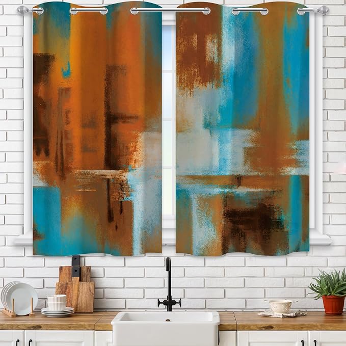 Asuexpect Rust Curtains 2 Panels Abstract Kitchen Curtain Room Darkening - Image 3