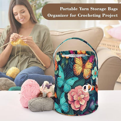 Blue Butterfly Flowers Yarn Bag Small Crochet Bag Drawstring Yarn Storage - Image 4