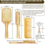 Bamboo Hair Brush Comb Set for Women Men, Wood Bristle Paddle Detangling Brush, Wide Tooth Comb for Curly Wavy Thick Thin Wet Dry Hair, Brush Cleaning Tool Included - 4 Pack