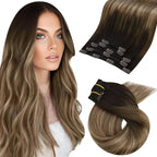 Moresoo Human Hair Clip in Extensions Brown to Blonde Balayage Real Human Hair Extensions Clip ins Remy for Women Medium Brown to Golden Brown with Dark Honey Blonde 80g/5pcs 22in