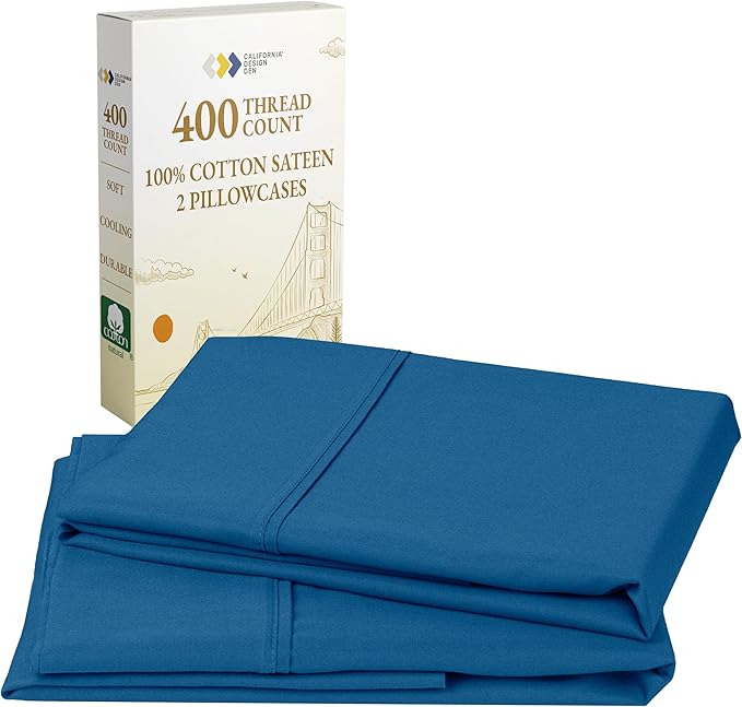 California Design Den King Size Pillow Cases Set of 2-400 Thread Count Sateen, Natural 100% Cotton Pillowcases King, Soft, Roomy and Breathable - Cobalt Blue