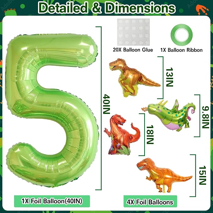 Dinosaur 5th Birthday Decorations 40 Inch Giant Green Number 5 Foil Balloon | - Image 2