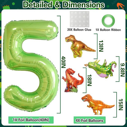 Dinosaur 5th Birthday Decorations 40 Inch Giant Green Number 5 Foil Balloon | - Image 2