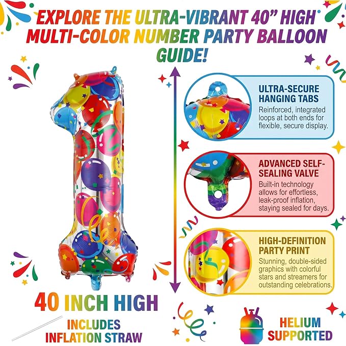 40 Inch Number 1 Balloon Giant Colorful Foil One Balloon Party Decor | Large - Image 2