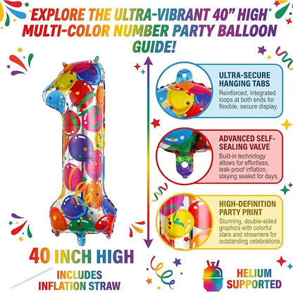 40 Inch Number 1 Balloon Giant Colorful Foil One Balloon Party Decor | Large - Image 2