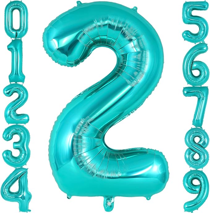 Teal Blue Number 2 Balloon, 40 Inch Big Large Foil Helium Number Balloons by AIQINHU