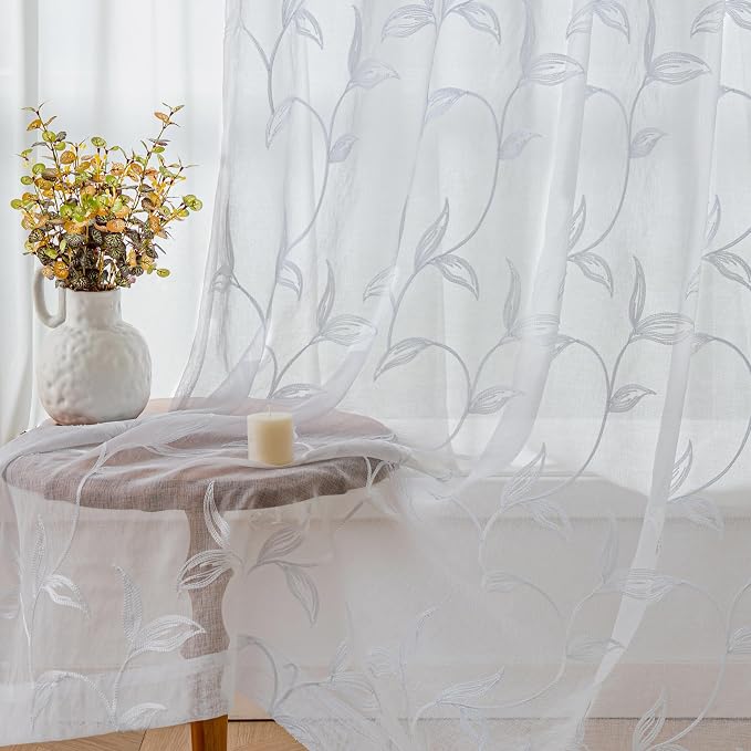 White Sheer Curtains Boho Leaf Floral Embroidered 54Wx55L | Light Filtering - Image 7