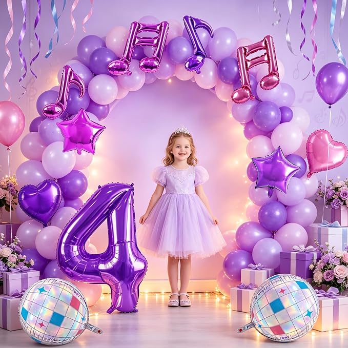 TONIFUL Girl‘s Purple Pink Music Themed 4th Birthday Decorations | 40 Inch - Image 4