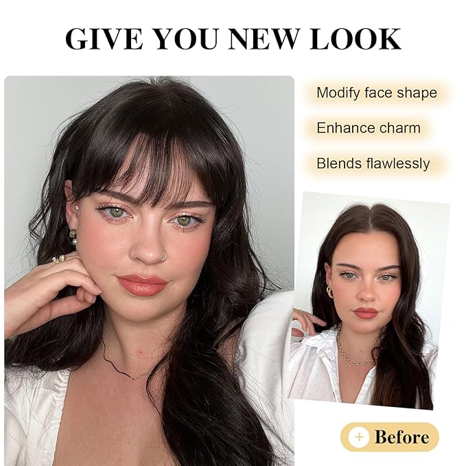 BOGSEA Clip in Bangs Real Human Hair Bangs Hair Clip Fringe with Temples Hairpieces for Women Natural Looking Fake Bangs for Daily Wear (Wispy Bangs, Dark Brown)