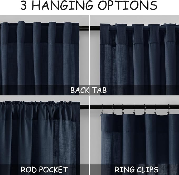 Navy Blue Linen Textured 96 Inch Curtains 2 Panel Set Back Tab Rod Pocket Semi - Image 3