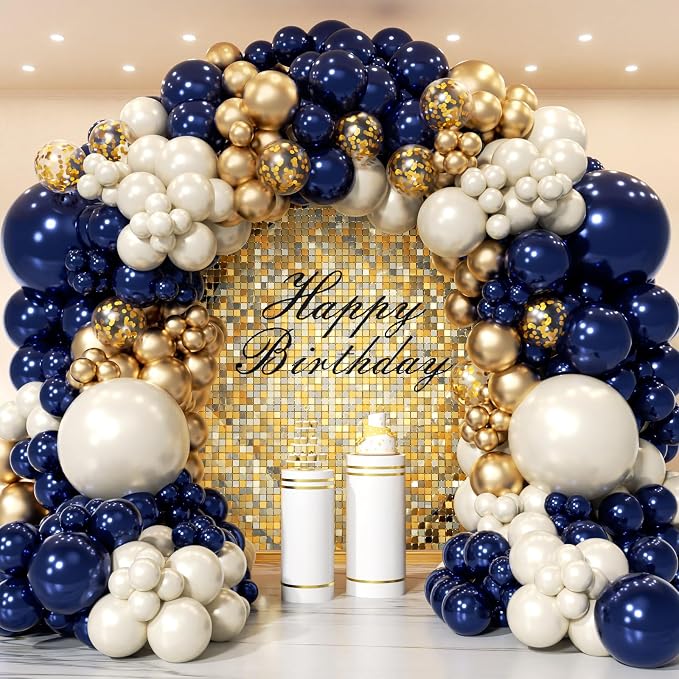 Navy Blue Gold Balloon Arch Garland Kit 153pcs, Double Stuffed Pearl White by PTGOLUO