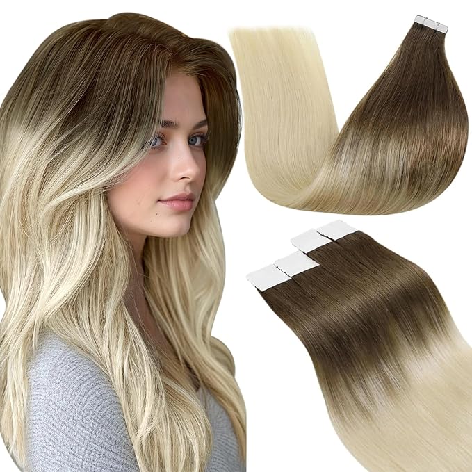 LaaVoo Human Hair Tape in Extensions Balayage Light Brown Fading to Light Blonde Tape in Hair Extensions Human Hair Invisible Tape on Human Hair Extension Real Hair 16inch 20pcs 50g