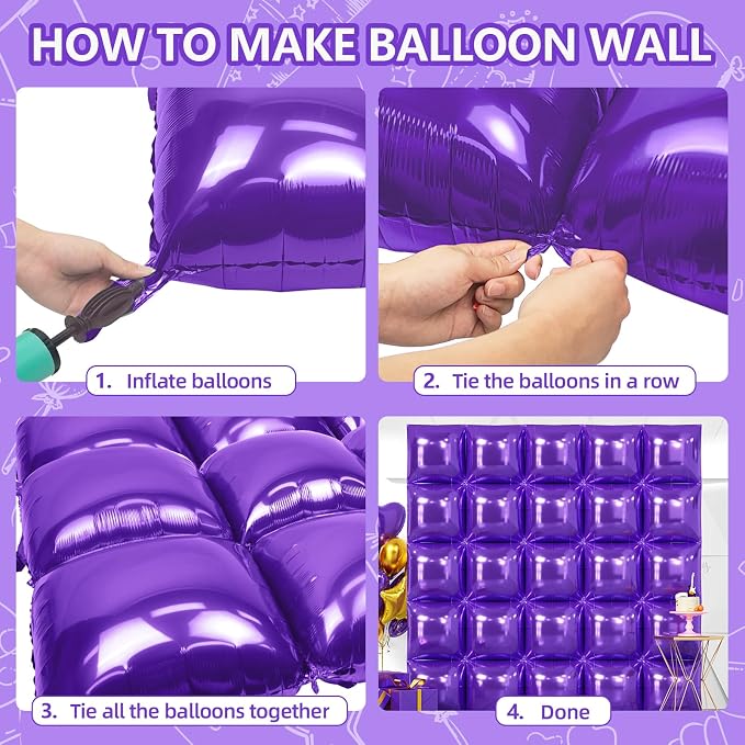 NISOCY 25PCS Metallic Purple Square Foil Balloons Wall Backdrop | Double Sided - Image 4