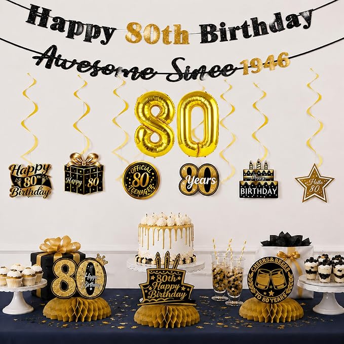 80th Birthday Decorations for Men Women, Pre-Strung Black Gold Happy 80th - Image 2